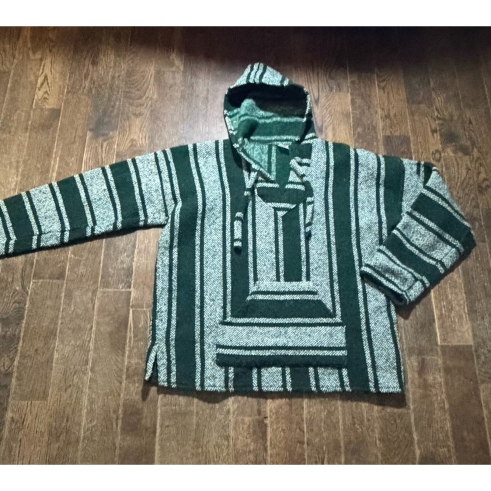 Vtg ART-MAZ Baja Mexican Poncho Hoodie Pullover Mens Large Green Drug Rug Grunge